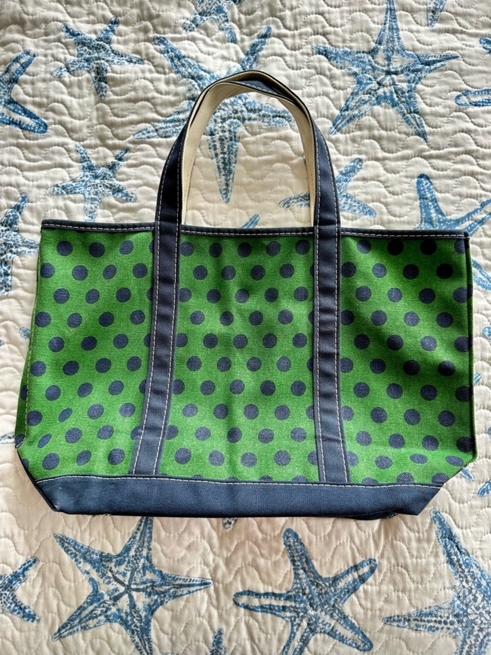 L.L. Bean Green Canvas Tote with Navy Polka Dots